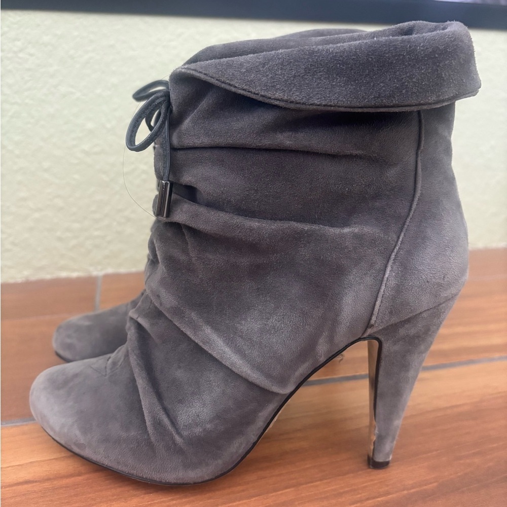 Reiss Grey Suede Ruched Ankle 3” Heeled Bootie Size 6.5